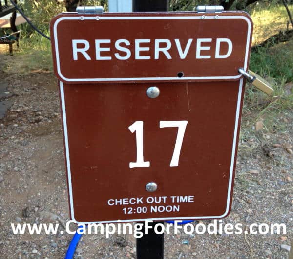 RVing Tips For Beginners - Reserve your camp spot - Patagonia Lake State Park Camp Spot 17 Sign with Camping For Foodies