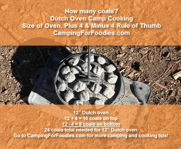 How many coals? Plus 4 and Minus 4 Rule of Thumb Dutch Oven Camp Cooking for these Campfire Cook Like A Pro With Our Dutch Oven Camp Cooking Tips, master more precise temperature control, use proper coal placement and the right number of charcoal briquettes with our easy-to-follow Dutch oven temperature chart by CampingForFoodies