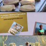 Pumpkin Walnut Pancakes with a Mascarpone Drizzle by CampingForFoodies features pumpkin pancakes cooking on a cast iron griddle with a backdrop of a campground located in the Sonoran desert with mountains and beautiful mature saguaro, ocotillo and jumping cholla cactus plants in the background as the morning sun rises over the horizon with text over the image that reads Pumpkin Walnut Pancakes With A Mascarpone Drizzle.
