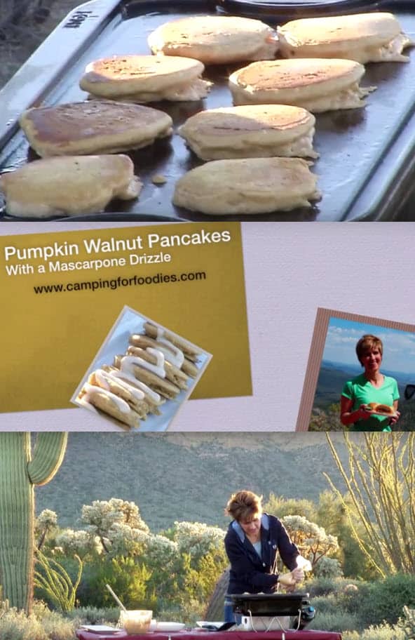 Pumpkin Walnut Pancakes with a Mascarpone Drizzle by CampingForFoodies features pumpkin pancakes cooking on a cast iron griddle with a backdrop of a campground located in the Sonoran desert with mountains and beautiful mature saguaro, ocotillo and jumping cholla cactus plants in the background as the morning sun rises over the horizon with text over the image that reads Pumpkin Walnut Pancakes With A Mascarpone Drizzle.