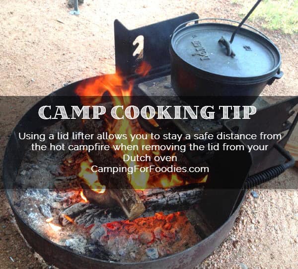 Hot Italian Sausage Soup Recipe - Dutch Oven Recipes For Camping - Camp cooking tip - Using a lid lifter allows you to stay a safe distance from the hot campfire when removing the lid from your Dutch oven - Camping For Foodies .com
