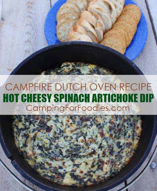 This awesome hot cheesy spinach artichoke dip campfire Dutch oven appetizer recipe is one of our favorite camping recipes and easy campingforfoodies appetizers for outdoor cooking over campfires!