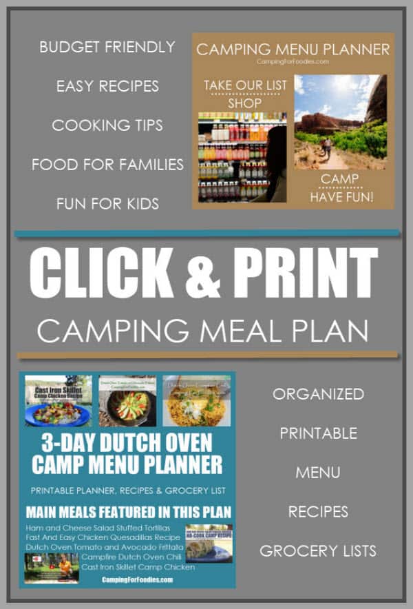 Click and Print 3-day Dutch oven CampingForFoodies camping meal plan printable grocery lists with food for kids and recipe tips with everything organized for busy families