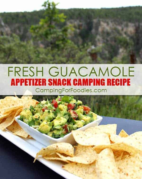 This No Cook Fresh Guacamole Appetizer Camping Snack Recipe by CampingForFoodies is one of our favorite camping food snacks for summer! As avocados are in season, this is so easy and one of our best simple camping recipes snacks kids and families devour. It is one of our awesome appetizer ideas for camping pot luck parties too! Serve it as one snack in an entire spread or an appetizer to a yummy camping meal.