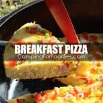 Easy Dutch Oven Breakfast Pizza Camping Recipe which is one of our favorite CampingForFoodies one pot Dutch oven camping recipes for outdoor cooking with campfires and charcoal briquettes!