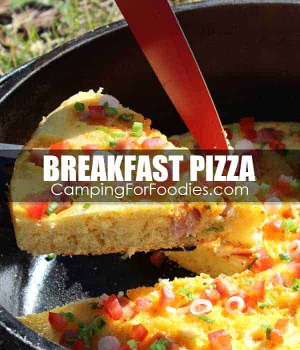 Easy Dutch Oven Breakfast Pizza Camping Recipe which is one of our favorite CampingForFoodies one pot Dutch oven camping recipes for outdoor cooking with campfires and charcoal briquettes!