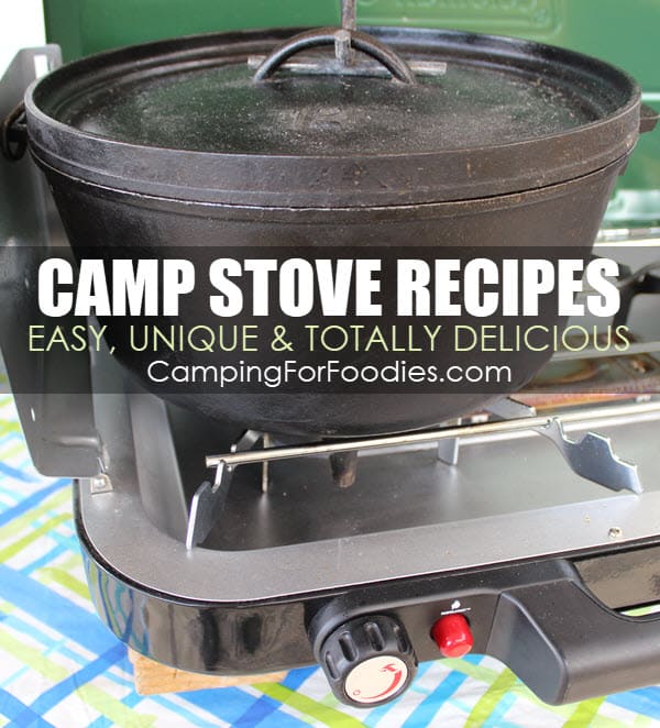 Easy, Unique And Totally Delicious Camp Stove Recipes by CampingForFoodies. This is an image of a cast iron Dutch oven sitting on a propane gas stove on a table outside cooking at a campsite.