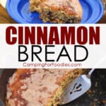 Easy Dutch Oven Cinnamon Bread Camping Recipe by CampingForFoodies. Slices of this golden brown bread are sitting on a blue camping plate and the remaining bread is in a black camp dutch oven ready to be sliced and served.