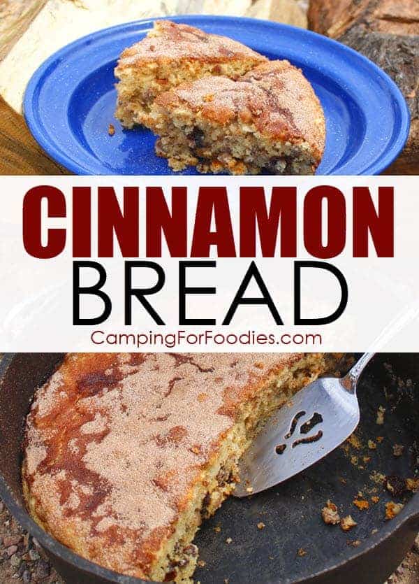 Easy Dutch Oven Cinnamon Bread Camping Recipe by CampingForFoodies. Slices of this golden brown bread are sitting on a blue camping plate and the remaining bread is in a black camp dutch oven ready to be sliced and served.