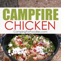 This Lemon Feta Campfire Chicken Dutch Oven Camping Recipe by CampingForFoodies is sitting on a tree stump at a dispersed campsite in the mountains. The white feta cheese is sprinkled on top of the chicken with red tomatoes, bright green parsley and salty kalamata olives.