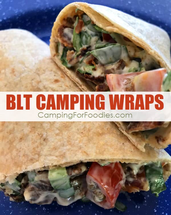 BLT Camping Wraps by CampingForFoodies features a chopped salad of bacon, lettuce and tomatoes tossed in mayonnaise and wrapped in a wheat tortilla placed on a blue camping plate ready to be served at the campsite for a quick lunch or light dinner meal.