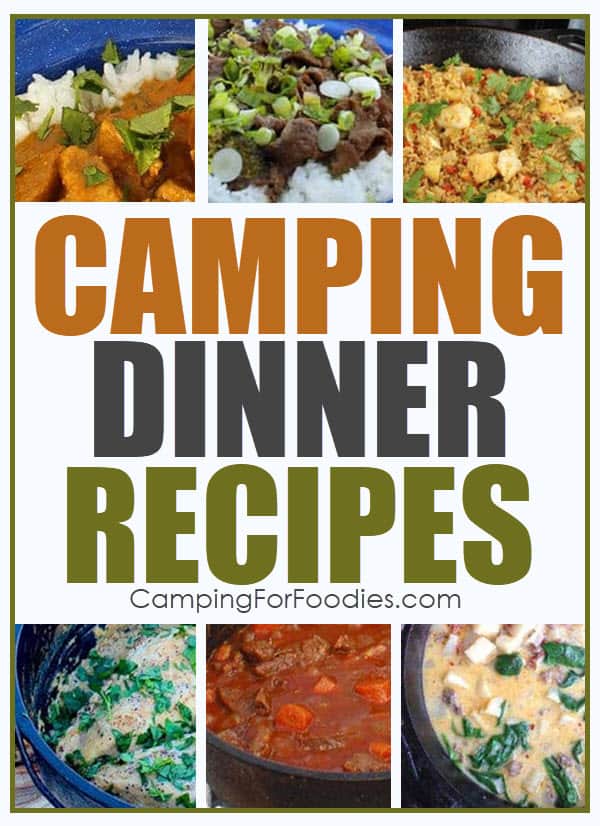 Camping Recipes Dinner by CampingForFoodies is a collection of images of prepared camping dinner recipes ready to be served at the campsite including Dutch Oven Thai Campfire Chicken Recipe, Asian Beef And Broccoli Camping Dutch Oven Recipe, One Pot Cast Iron Fish Camping Recipe, Easy Campfire Dutch Oven Dijon Mustard Sauce Chicken Recipe, Campfire Stew Dutch Oven Camping Recipe and Hot Italian Sausage Soup Campfire Recipe the text over the image reads camping dinner recipes.