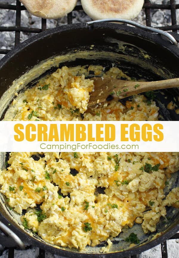 Dutch Oven Scrambled Eggs Camping Recipe by CampingForFoodies is a cast iron Dutch oven sitting on a campfire grate in a fire ring, the fluffy yellow scrambled eggs have melted cheese and are topped with bright green parsley ready to be served at the campsite, text over the image reads scrambled eggs.