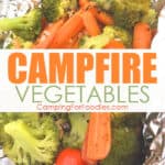 Campfire Vegetables by CampingForFoodies features a foil pack of cooked vegetables including broccoli, carrots, cherry tomatoes and garlic ready to be served at the campsite and text over the image that reads campfire vegetables.