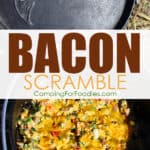 Dutch Oven Bacon Scramble by CampingForFoodies features a cast iron camp Dutch oven filled with a cooked breakfast ready to be served at the campsite which includes bacon, eggs, onions, spinach, tomatoes and melted cheddar cheese with text over the image that reads bacon scramble.