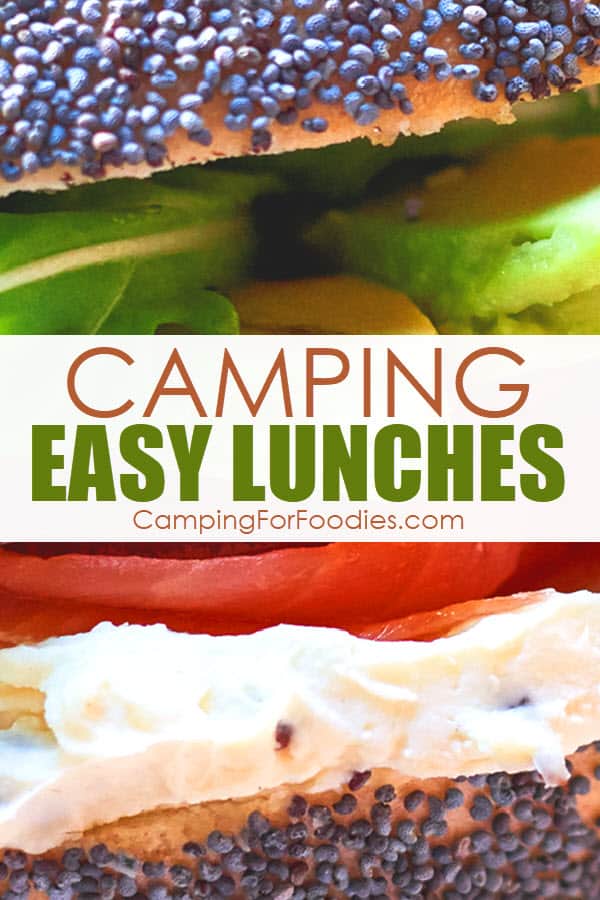 Basil Easy Camping Lunches by CampingForFoodies features a poppy seed bagel sandwich with lettuce, lox and cream cheese with text over the image reading camping easy lunches.