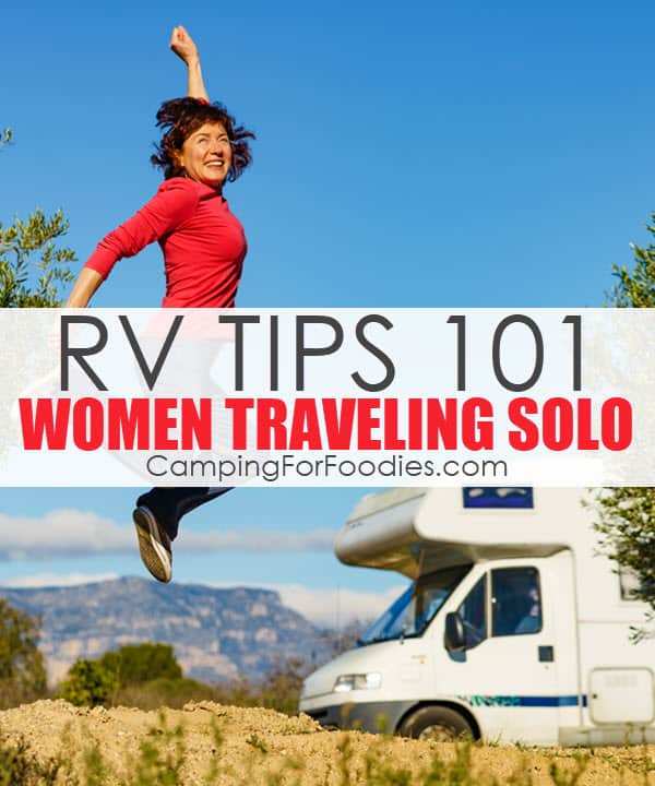 Aurora, Oregon RV Tips 101 For Women Traveling Solo by CampingForFoodies features a woman jumping in the air full of joy and a big smile on her face with an RV in the background and distant mountains on a bright sunny day under a beautiful blue sky and text over the image that reads RV tips 101 women traveling solo.