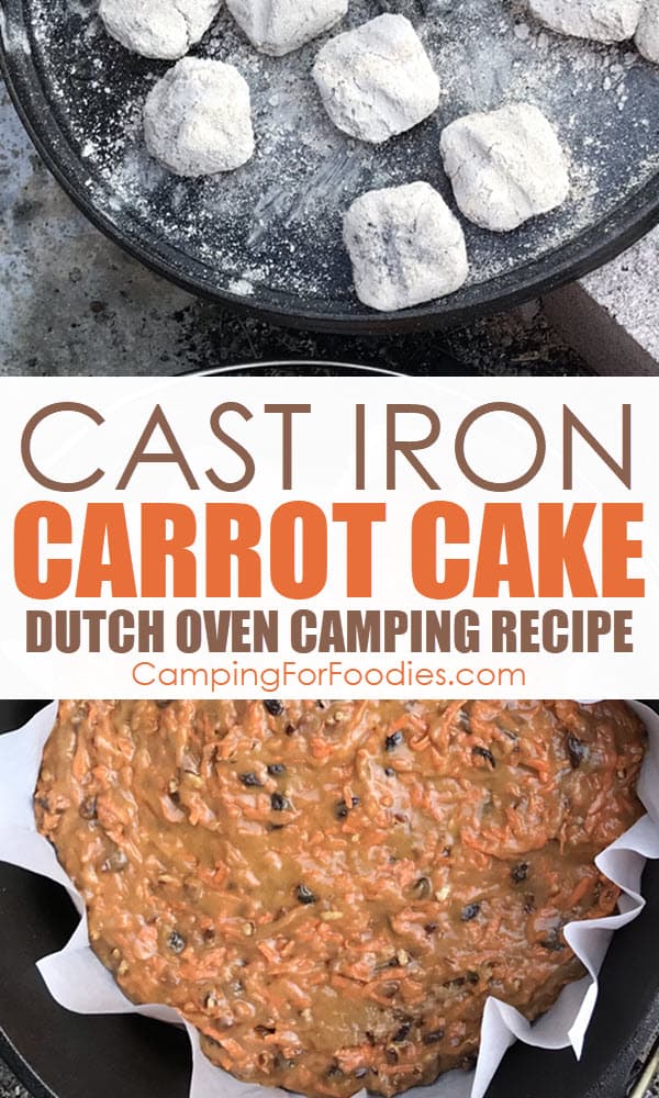 Cast Iron Carrot Cake Dutch Oven Camping Recipe by CampingForFoodies features the batter of a carrot cake with raisins and nuts nestled in a parchment paper liner sitting in a camp Dutch oven ready to be baked at the campsite with text over the image that reads Cast Iron Carrot Cake Dutch Oven Camping Recipe.