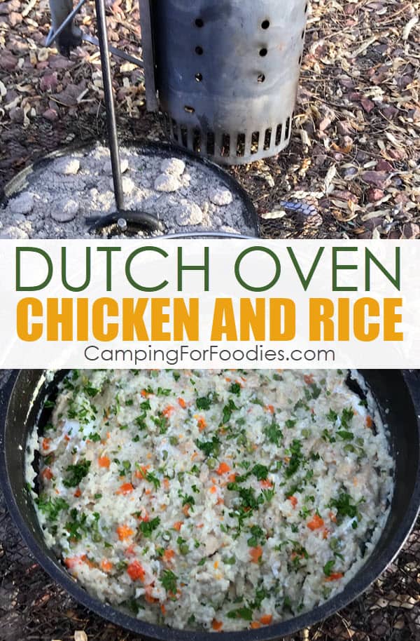 Dutch Oven Chicken And Rice Camping Recipe by CampingForFoodies features a cast iron camp Dutch oven filled with a creamy chicken and rice recipe that include carrots and peas and is ready to be served at the campsite with text over the image that reads Dutch oven chicken and rice.