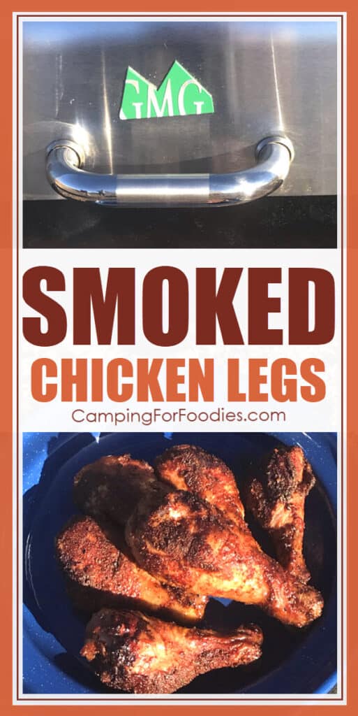 Smoked BBQ Chicken Legs by CampingForFoodies features chicken drumsticks cooked and ready to be served on a blue camping plate in front of a portable pellet smoker with text over the image that reads smoked chicken legs.