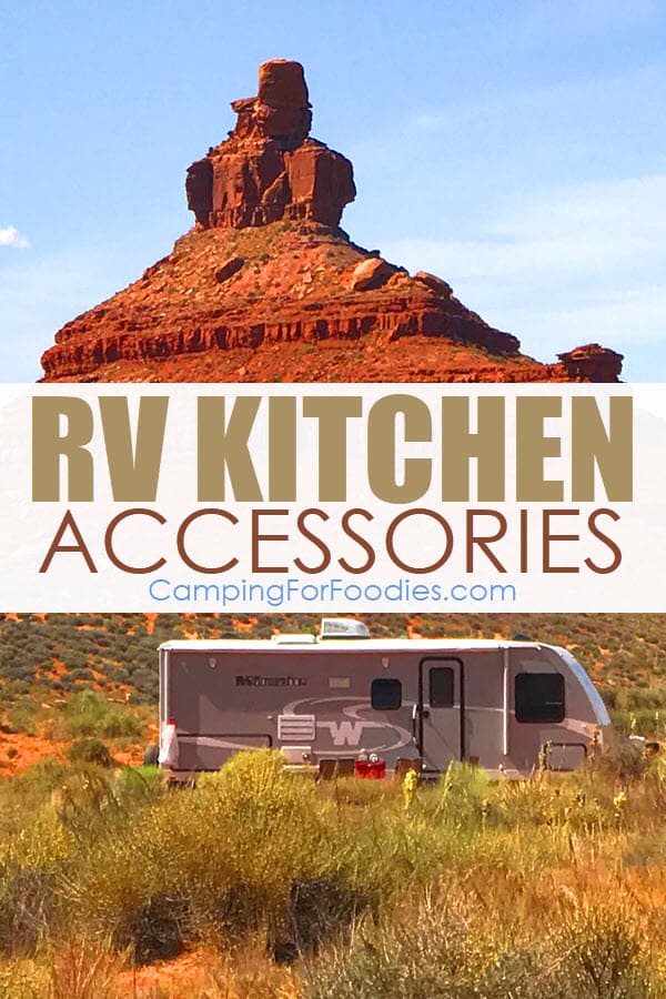 campfire cooking equipment Kitchen Accessories For RV Camping Trailers And Motorhomes by CampingForFoodies features a remote camping spot near Monument Valley Utah in the Valley of the Gods with an RV set up in a beautiful scene with a massive red rock formation in the background with text over the image that reads RV kitchen accessories.