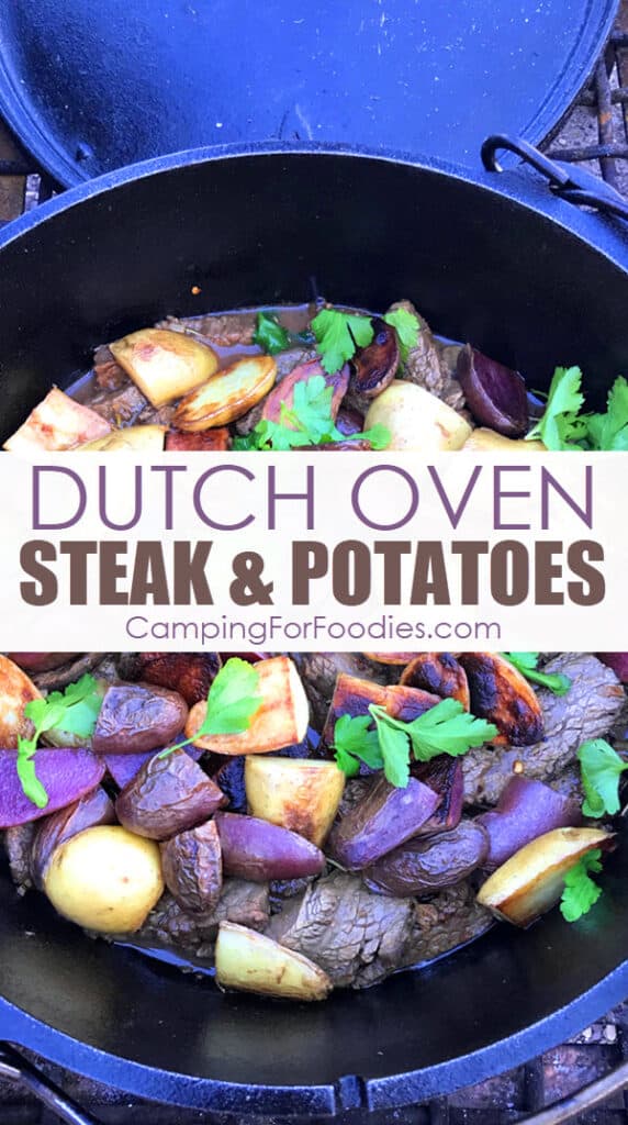 Camp Oven Roast Beef Dutch Oven Steak Recipe by CampingForFoodies features a cast iron camp Dutch oven filled with steak and white and purple fingerling potatoes topped with fresh parsley ready to be served at the campsite with text over the image that reads Dutch oven steak and potatoes.