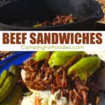 Dutch Oven Beef Sandwiches by CampingForFoodies features a shredded beef sandwich on a hoagie roll topped with mildly spicy green peppers on a blue camping plate alongside a serving of coleslaw and dill pickles ready to be served and setting in front of a black cast iron camp Dutch oven with text over the image that reads Beef Sandwiches.