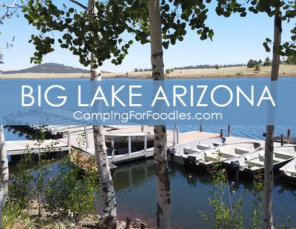 Big Lake Arizona Camping by CampingForFoodies features a boat ramp with a line of fishing boats tied to the dock in the water and distant mountains in the background, surrounded by bright green trees under a sunny blue sky with text over the image that reads Big Lake Arizona.