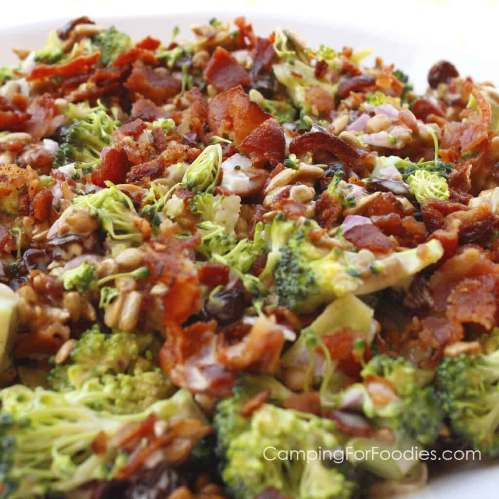 Broccoli Sunshine Salad by CampingForFoodies features a bowl filled with a colorful salad with green broccoli, red onion, crispy brown bacon, sweet raisins and sunflower seeds all tossed in a simple homemade dressing ready to be served at the campsite.