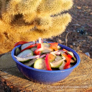 Refrigerator Cucumber Salad by CampingForFoodies features a blue camping bowl on a tree stump filled with cold sliced vegetables including green English cucumbers, red onions and red bell peppers tossed in a simple homemade dressing with fresh dill.