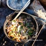 Dutch Oven Beef Stroganoff by CampingForFoodies features a black cast iron camp oven set inside a campfire ring on a sunny camp day. The golden colored pasta is mixed with the creamy sauce and browned meat, all covered with bright green fresh parsley.