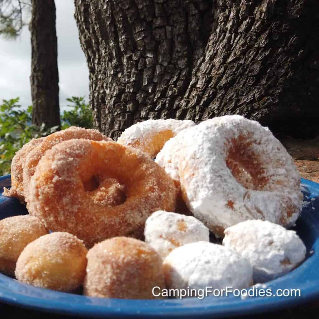 Powdered Sugar & Cinnamon Sugar Campfire Donuts And Doughnut Holes by CampingForFoodies features freshly fried camping donuts and small round donut holes on a blue camping plate. Some are covered in cinnamon sugar and others are covered in white powdered sugar. A big tree and blue sky are in the background of this campsite.