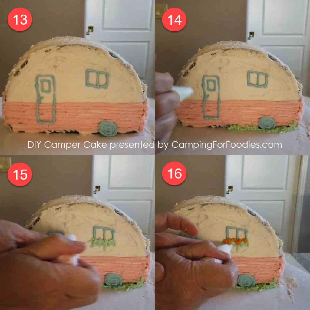 Camper Cake Steps 13-16 by CampingForFoodies features how to outline the camper's door, windows and tires, and, create flowers and leaves in the window boxes.