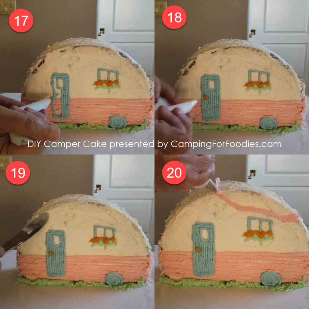 Camper Cake Steps 17-20 by CampingForFoodies features how to fill in the outline of the door, add a doorknob and string for the flags.