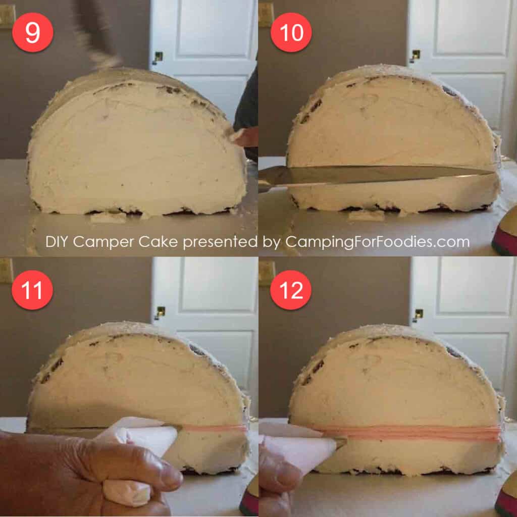 Camper Cake Steps 9-12 by CampingForFoodies features how to frost the 3D camper cake and pipe straight lines to create the trailer's paint scheme.