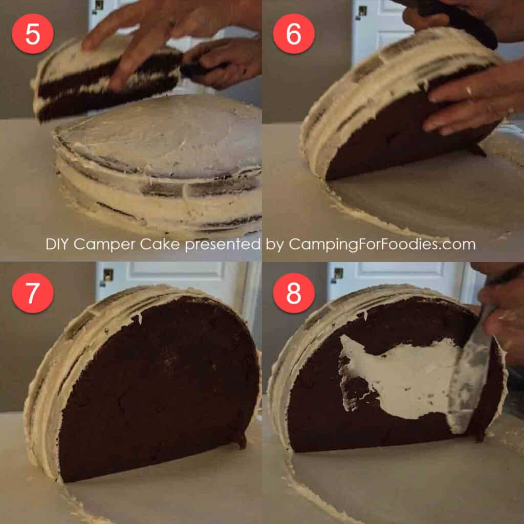 Camper Cake Steps 5-8 by CampingForFoodies features how to cut the cake into the shape of a retro camper, stand it upright and frost all sides in advance of decorating it.