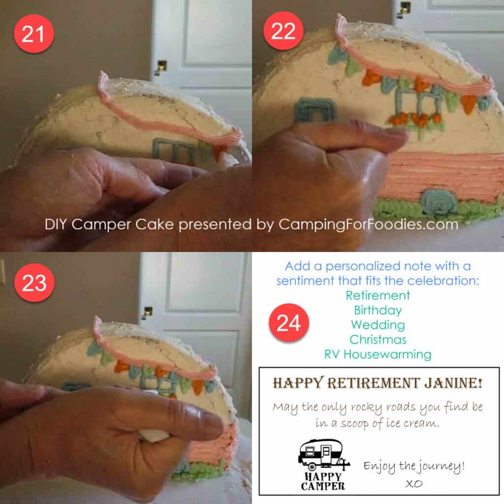 Final Camper Cake Steps 21-24 by CampingForFoodies features how to decorate the cake with flags, finishing touches on the windows and add a personalized sentiment that fits the celebration.