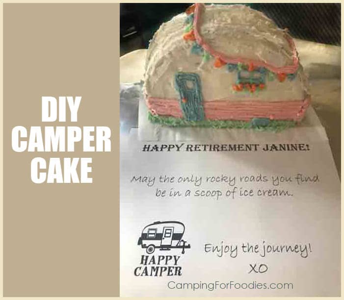 Homemade 3D Camping Themed Cake by CampingForFoodies features a homemade cake decorated like a retro RV with a pink, blue, green and orange color scheme with a sentiment note alongside the cake that reads: happy retirement Janine! May the only rocky roads you find be in a scoop of ice cream. Happy camper, enjoy the journey! xo