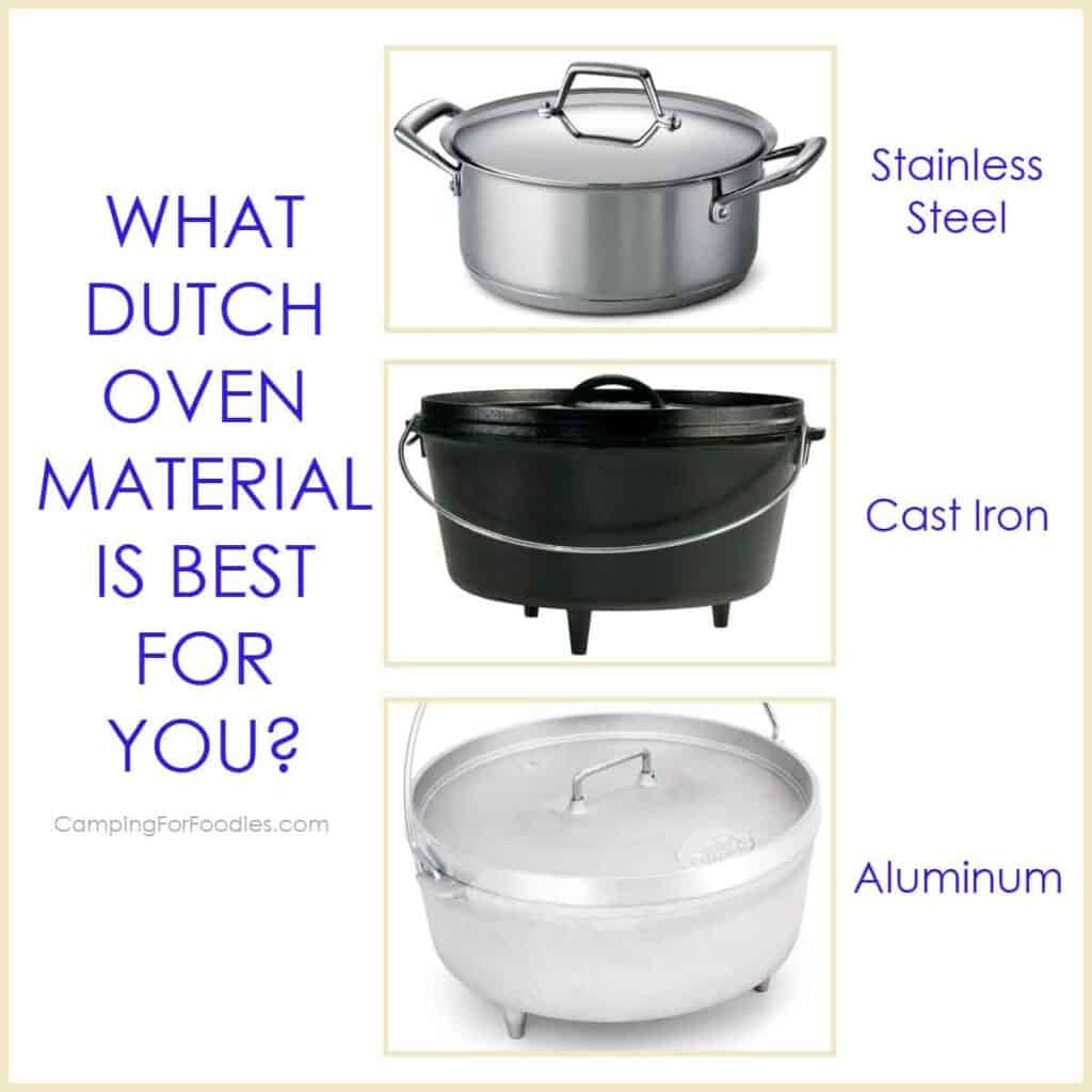Stainless Steel Dutch Oven vs Cast Iron vs Aluminum by CampingForFoodies features three Dutch ovens with their lids on the pots. The shiny silver oven is first with text that reads stainless steel, a matte black image is the second with text that reads cast iron and the third is a dull silver color with text that reads aluminum. Text to the left of the Dutch oven reads: What Dutch oven material is best for you?