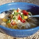 Chicken Piccata Soup Recipe by CampingForFoodies features a blue camping bowl filled with chunks of chicken and tender angel hair pasta in a lemon and chicken broth-based soup. The soup is topped with bright yellow and red bell pepper strips, creamy white parmesan cheese and bright green fresh parsley. A spoon is in the soup as the handle rests on the side of the bowl. The meal is set on a campfire log on a sunny day.