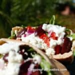 Chicken Souvlaki Pita Recipe by CampingForFoodies features two pita bread pockets filled with grilled chicken, creamy white Tzatziki sauce, bright red diced tomatoes, purple onions, ribbons of green leaf lettuce, sliced Kalamata olives and white crumbled feta cheese. The sandwich is on a plate with lush green plants in the background on a sunny day.