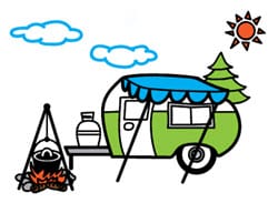 Camping For Foodies Logo illustration with retro camper and Dutch oven cooking over a campfire.