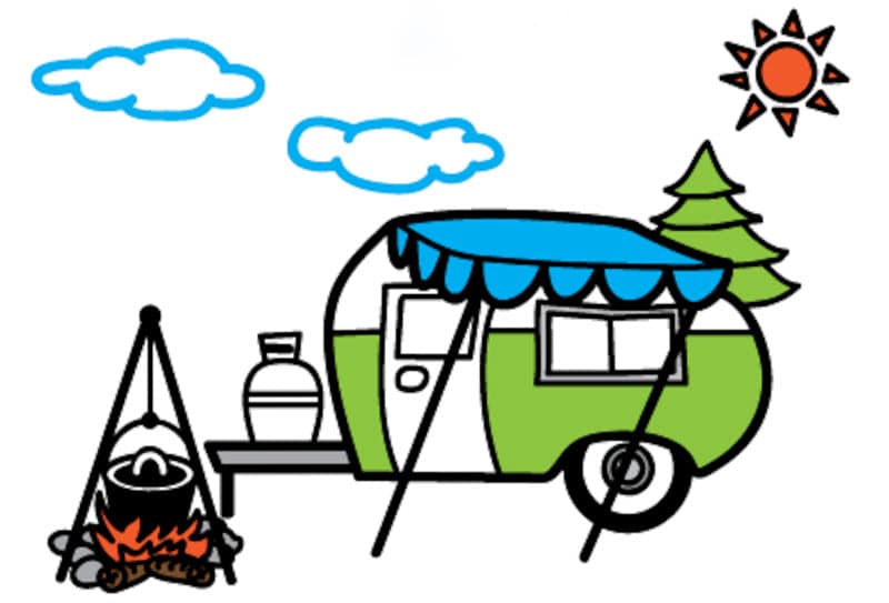 Camping For Foodies Logo illustration with retro camper and Dutch oven cooking over a campfire.