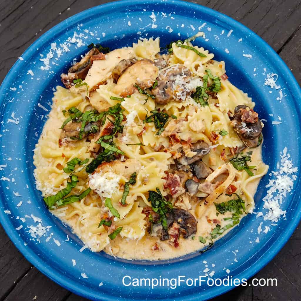 Creamy Chicken Pasta In White Sauce by CampingForFoodies features a blue camping plate filled with a serving of pasta in garlic sauce with sliced chicken, sun-dried tomatoes and sliced mushrooms. Bright green ribbons of fresh basil and shredded parmesan cheese have been sprinkled over the dish.