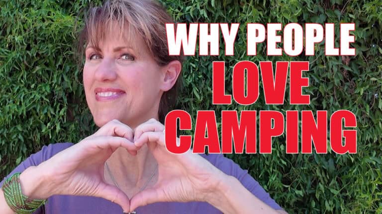 Camping Is Fun by CampingForFoodies features Kim smiling and holding her hands in the shape of a heart with text next to the image that reads why people love camping